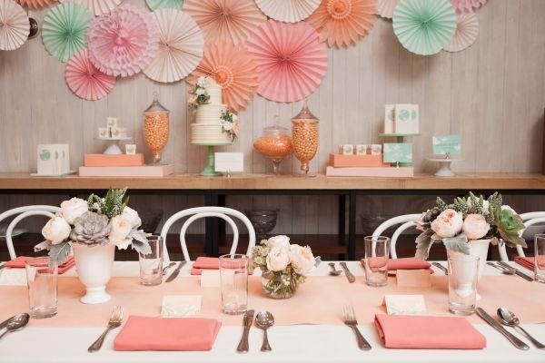 Bridal shower long table runner with green vines, pink roses, pink hydrangea, and