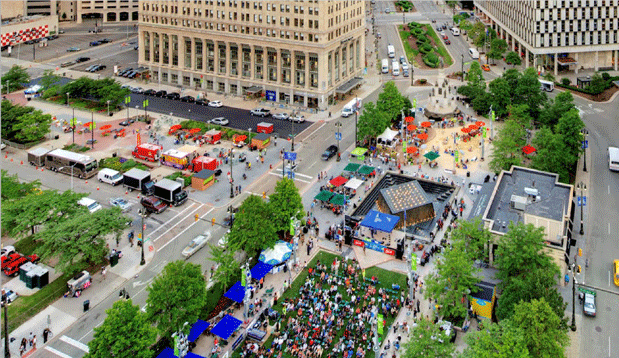 Miller Plaza and the Waterhouse Pavilion serve as an outdoor living room  for Chattanooga's Innovation District, hosting popular citywide events like  the