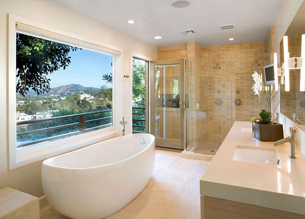 Example of a large trendy master white tile and subway tile marble floor and gray floor