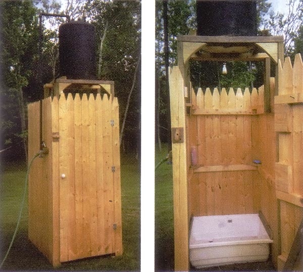 Interior of our new outdoor shower, with Camplux propane water heater, and  all Annie's products